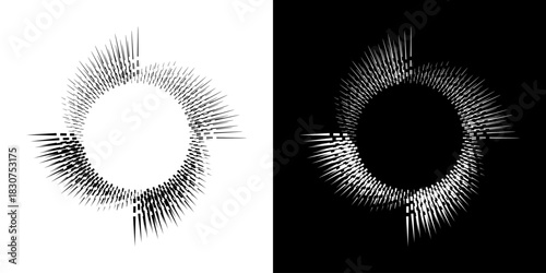 Dynamic abstract spiral sound wave rhythm lines. Circular spiral sound wave rhythm of lines. Circular futuristic abstract lines, black and white background.	
