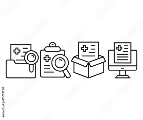 medical record and medical report icons set
