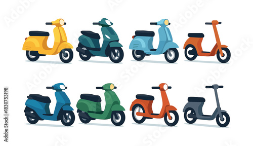 Colorful scooters collection, flat vector illustration, mopeds, retro design