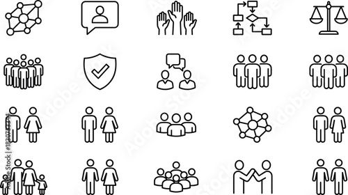 Business and society line icons set, vector illustrations of networking, family, gender, justice, security, teamwork, communication, and human resources