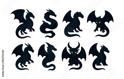 Dragon silhouettes collection, mythical creatures, flat vector illustration