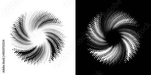Dynamic abstract spiral sound wave rhythm lines. Circular spiral sound wave rhythm of lines. Circular futuristic abstract lines, black and white background.	
