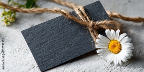A blank gift card mockup that looks like a miniature chalkboard, with a small, natural twine ribbon. It rests on a clean white wooden counter