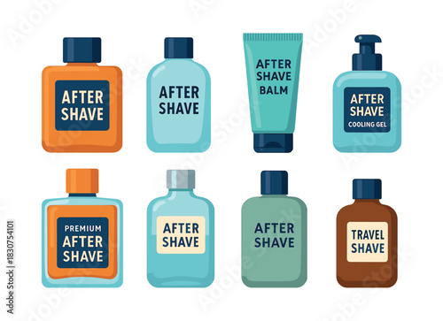 After shave collection, cooling gel, balm and lotion, flat vector illustration