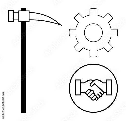 Industrial tools concept. Hammer, gear, and handshake visuals collaboration, industry, and productivity. Industrial tools essential for teamwork, manufacturing and engineering processes. labor