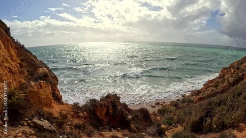 Static Horizon Footage of Coast Beach Wave Ocean View from Cliffs Ponta da Piedade Lagos Algarve Southern Portugal Fish Eye Video
