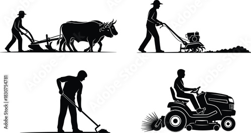 Silhouettes of farmers plowing with ox tilling with tiller and riding lawn mower