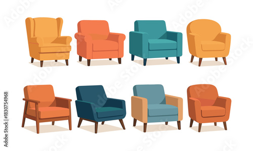 Colorful armchair collection, furniture set, seating options, flat vector illustration