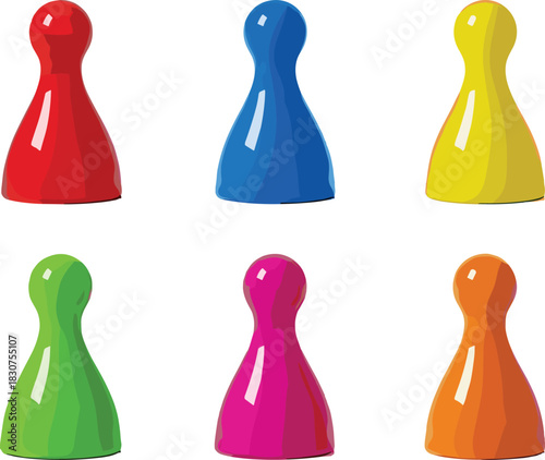Six colorful game pawns arranged in two rows on a white background game piece board game