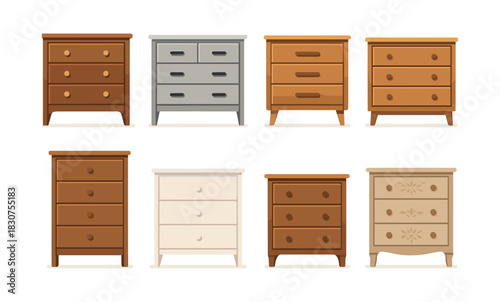 Chest of drawers collection, cabinets, dressers, flat vector illustration