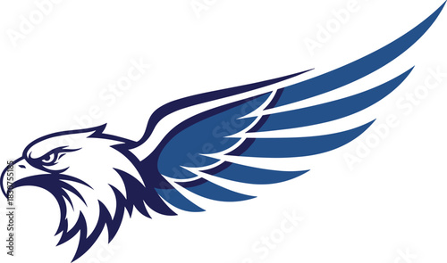 Stylized blue and white eagle head with outstretched wing graphic hawk bird