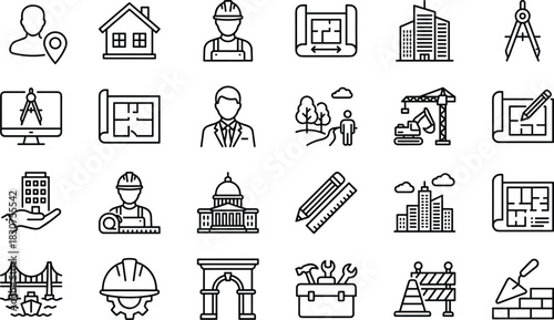 Construction and architecture line icons set, engineering tools, real estate building, city planning, builder, blueprint, and house vector illustration.