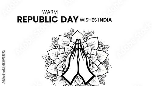 Black and white illustration of hands in Namaste gesture with floral mandala and Republic Day wishes for India.