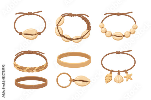Beach bracelet collection, seashells, pearls, boho jewelry, flat vector illustration