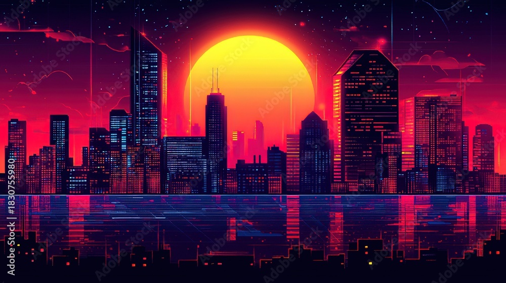 Obraz premium Neon - Lit City Skyline at Sunset with Starry Sky and Water Reflection