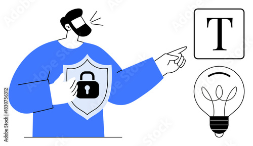 Man in blue holds shield with lock, pointing towards a light bulb and text box. Ideal for security, creativity, protection, innovation, privacy, intellectual property problem-solving. Simple flat