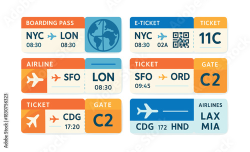 Boarding pass, airline tickets set. Flat vector tickets illustrations