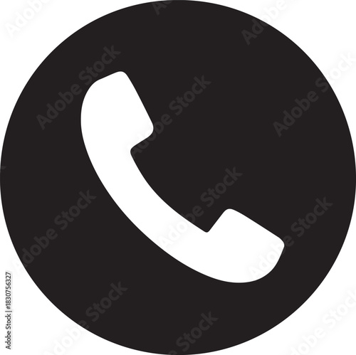 A simple, bold black icon featuring a white telephone receiver silhouette within a solid black circle.