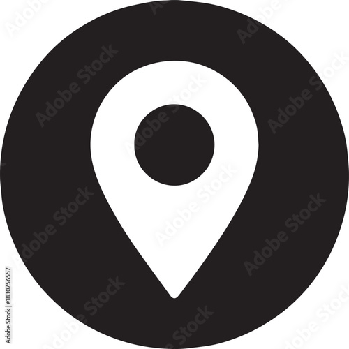 A minimalist graphic featuring a black location pin symbol centered within a solid black circle on a white background.