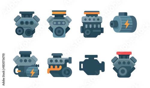 Car engine parts, motor components, flat vector illustration