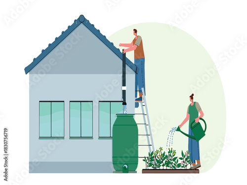 People collecting rainwater in a barrel for sustainable home gardening