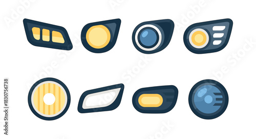 Car headlight designs, flat vector illustration, automotive lighting, modern icons