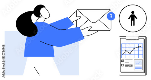 Woman holding envelope with notification icon, business chart clipboard, team figure. Ideal for communication, workflow, email management, business data, notifications teamwork productivity. Simple