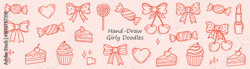 Whimsical Hand Drawn Girly Doodles Bows Candies Hearts Cupcakes and More in a Charming Pastel Illustration Pattern 120
