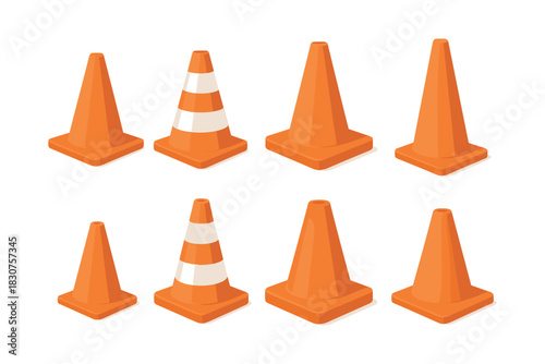 Traffic cone set, flat vector illustration, safety, construction, road