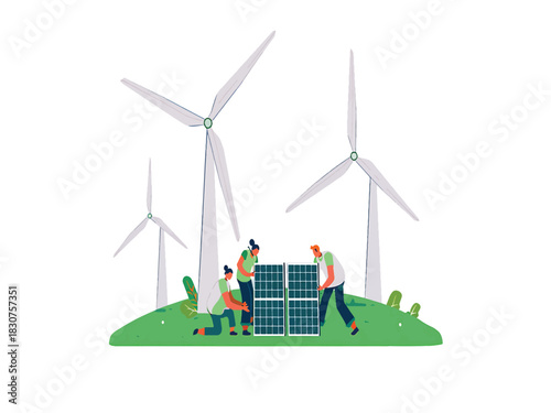 Renewable energy installation with solar panels and wind turbines