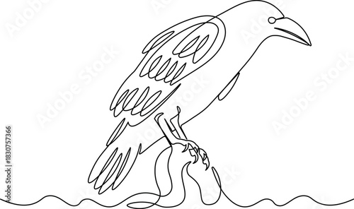 One Line Art Crow on Branch - Minimalist Continuous Line Drawing of Perched Bird