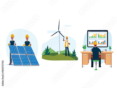 Sustainable Energy Sources Solar, Wind, and Data Analysis Vector Illustration