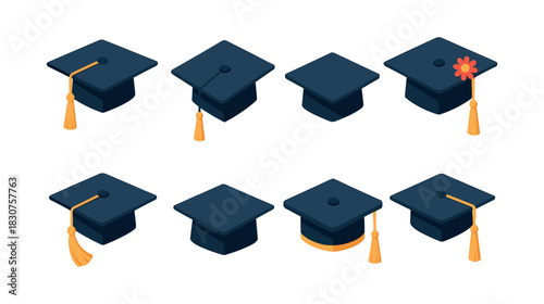Graduation caps set, graduation ceremony, academic hats, flat vector illustration