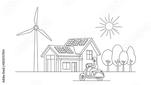 Sketch of ecofriendly house with solar panel, wind turbine, and scooter isolated on transparent background