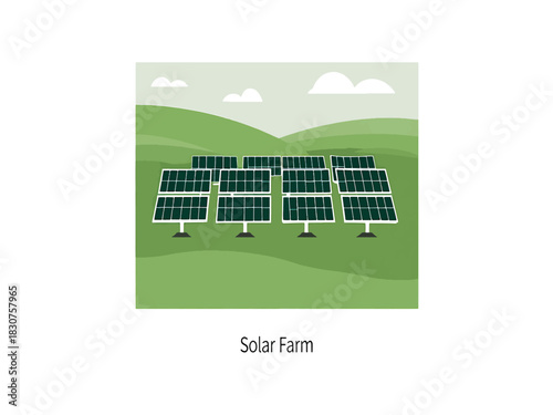 Solar energy farm illustration with panels on a green hill landscape vector