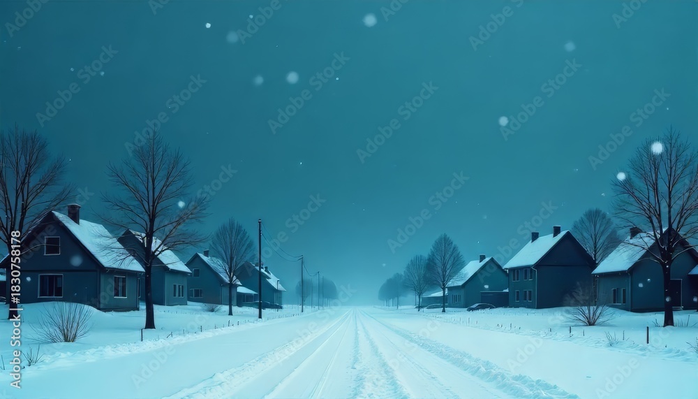 Fototapeta premium A wide, snowy road through a quiet residential area lined with houses under a cold, blue sky.