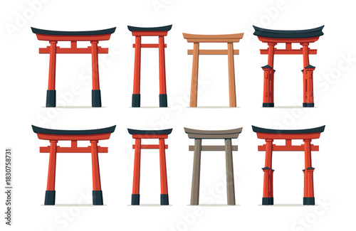 Torii gate collection, japanese temple entrances, religious symbols, flat vector illustration