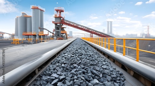 View along a conveyor belt filled with dark aggregate material leading towards an industrial mining and processing plant with silos and transport infrastructure under a bright sky