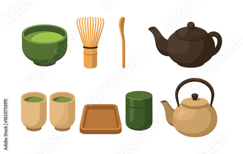 Japanese tea set, matcha, teapots, flat vector illustration