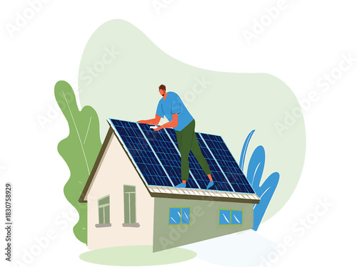 Man installing solar panels on a house roof
