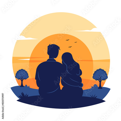 Couple watching sunset together,  vector art ,white background 01