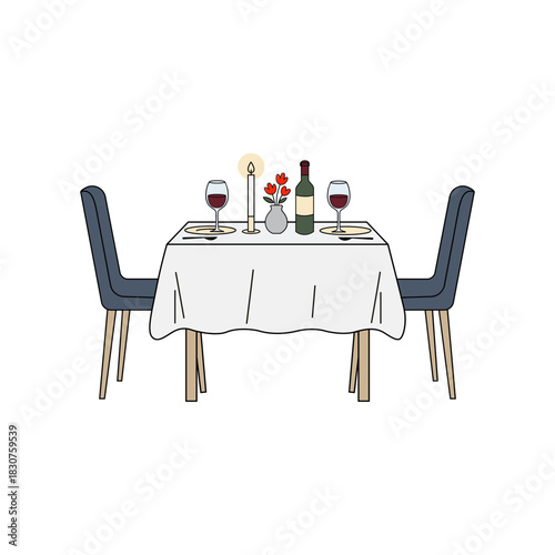 Romantic dinner with candles and wine glasses, minimal vector
