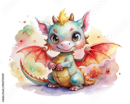 Cute Baby Dragon Watercolor  vector illustration isolated on white background