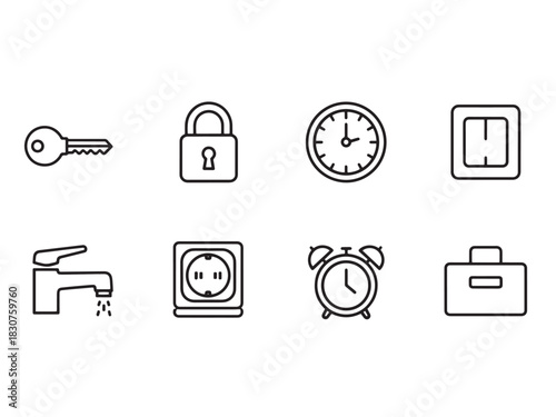 Home Essentials Icons. Home essentials linear icon set: key, lock, thermostat, light switch, faucet, plug socket, alarm clock, storage box