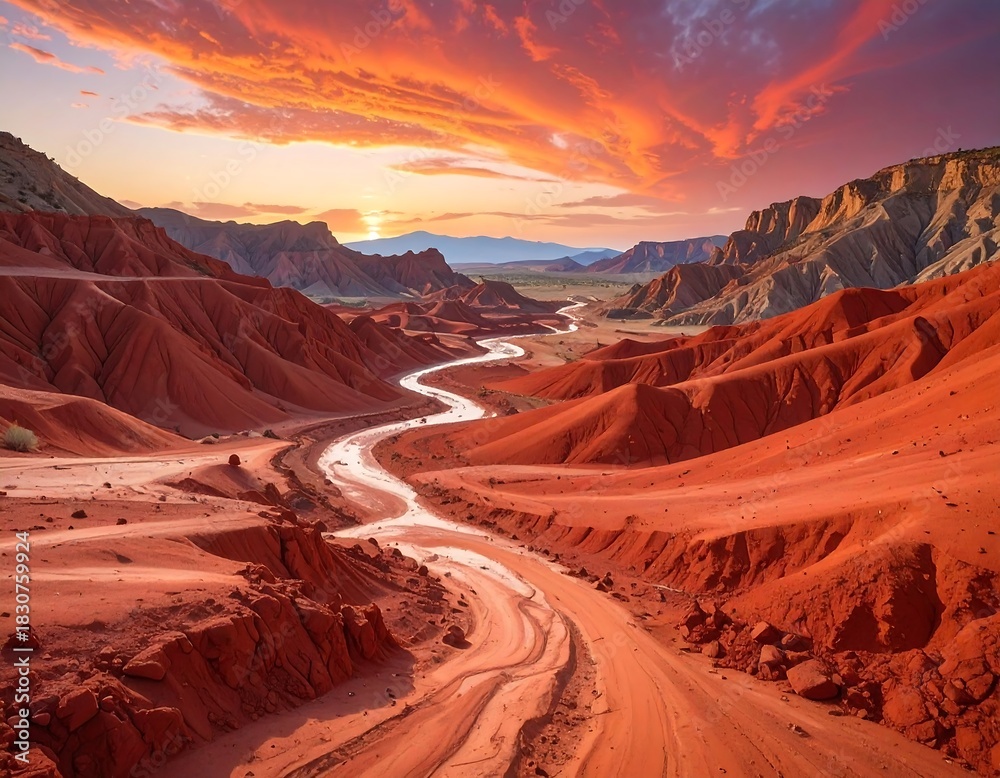 Fototapeta premium Dramatic Landscape of Red Rock Canyon with Winding River at Sunset.