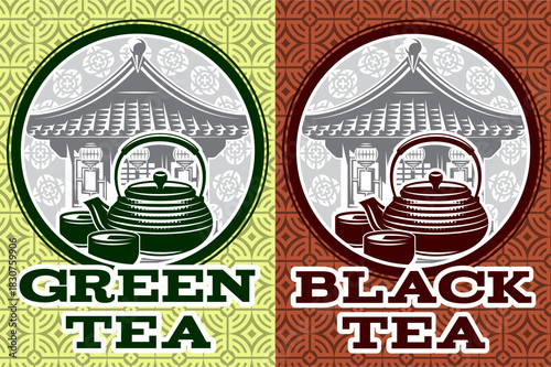 Oriental tea labels two round vintage designs for green and black tea with traditional teapots, cups, and Asian building.