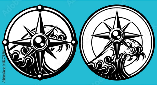 Compass Rose and Ocean Waves Monochrome Design for Navigation, Travel, Adventure and Maritime Themes.