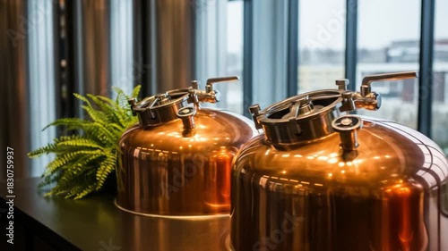 Copper distillation pots gleam on a dark counter beside a green plant under a bright, sunlit window!