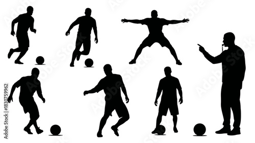 Silhouettes of male football players in various poses during a match or training session