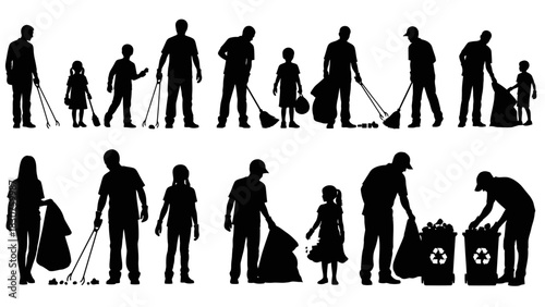 Silhouette illustrations of people and children cleaning up, recycling, and collecting trash